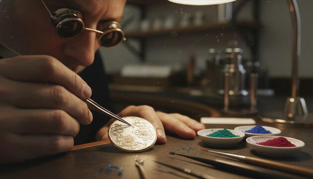 Artisan bending microscopic gold wires for Cloisonne enamel watch dial