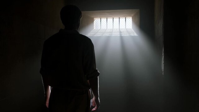 Static shot of man standing facing barred window with light rays piercing dark prison cell interior
