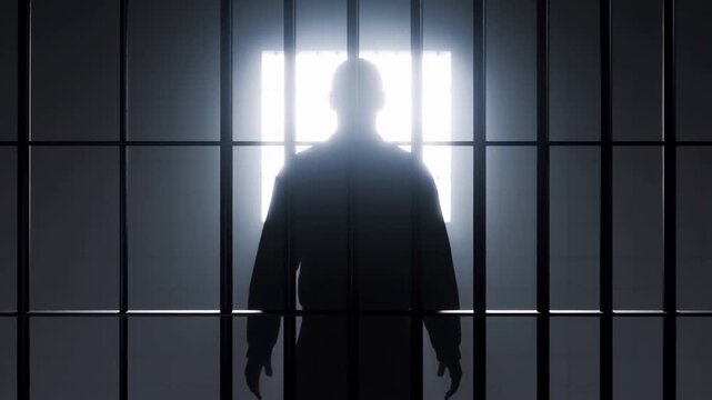 Static shot of silhouette man standing behind prison bars facing bright window inside jail cell backlit by harsh light