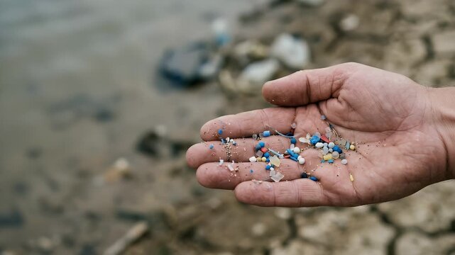 Close up side shot of microplastics lay on people hand. Concept of water pollution and global warming. Climate change idea concept as Close up view of microplastics in a persons hand illustrating the 