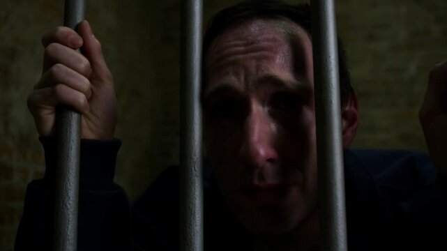 Static close up of man gripping prison bars showing distress and tears inside dim brick cell interior leaning against metal bars in confinement