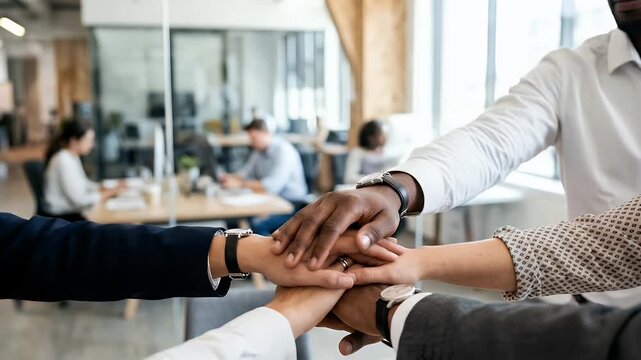 Close-up of diverse business individuals demonstrating unity through stacked hands, framed in a way that leaves ample space for captions and text overlays.