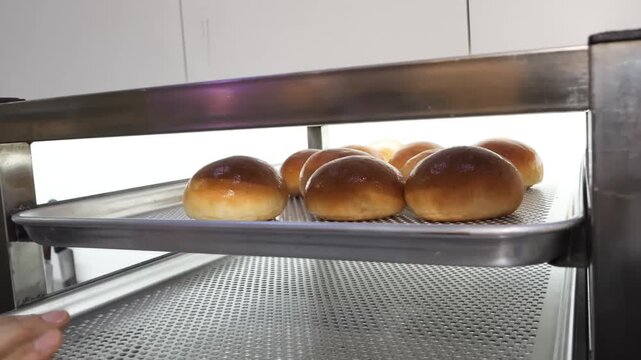 Close-up footage captures a batch of freshly baked, golden-brown bread rolls or burger buns on a metallic, perforated baking tray. The buns appear soft and have a glossy finish, likely from an egg was