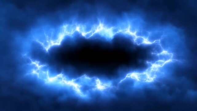 Slow motion static shot of electric blue lightning ring pulsing around dark void in cloudy sky at night with radiating bolts and shifting cloud texture