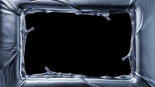 Slow motion tracking shot of rectangular water splash forming framed window against black background in studio with reflective blue liquid