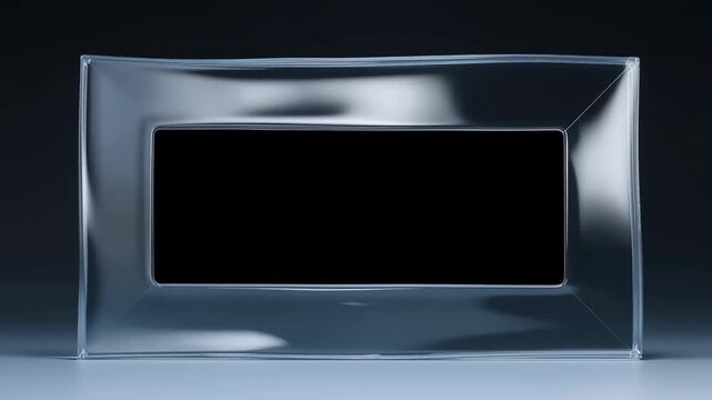 Slow dolly in of transparent glass rectangular bezel revealing black center on reflective tabletop in studio setup
