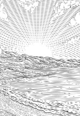 A bay or cove coast coastline beach and cliffs with a sun rising over the sea horizon surrounded by mountains landscape background. Original illustration in a vintage retro woodcut style. © Christos Georghiou
