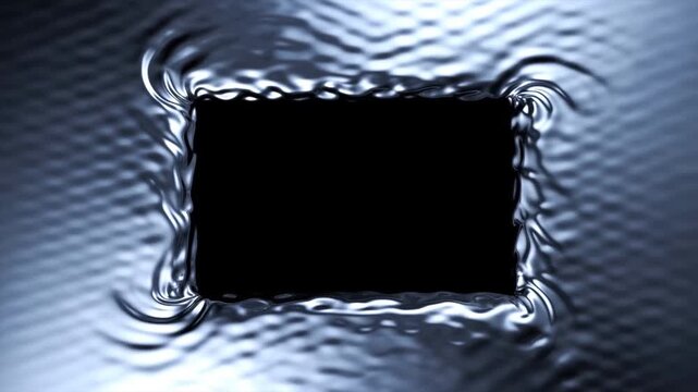 Slow motion static close up of liquid metal rippling around rectangular aperture on reflective abstract surface in studio