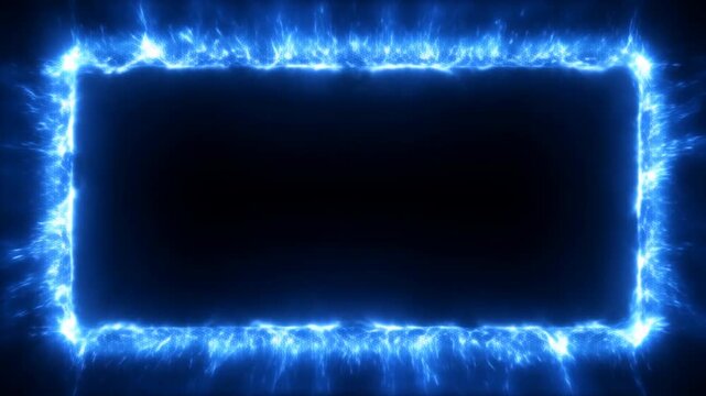 Static loop of electric glowing rectangular border pulsing and flickering on black background in abstract digital studio environment