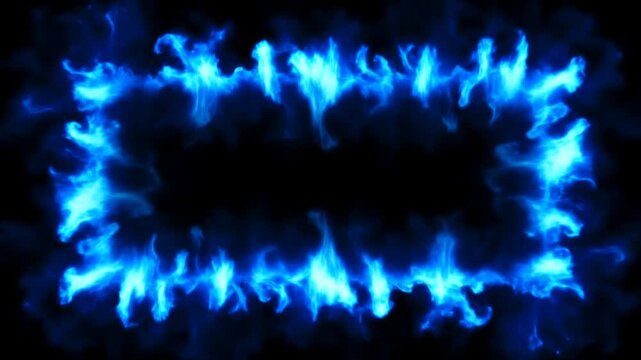 Slow motion static shot of blue plasma flame ring flickering and pulsing around rectangular border on black background
