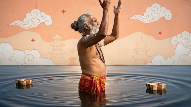 Elderly man in orange loincloth with arms raised in water, spiritual ritual, serene sky background