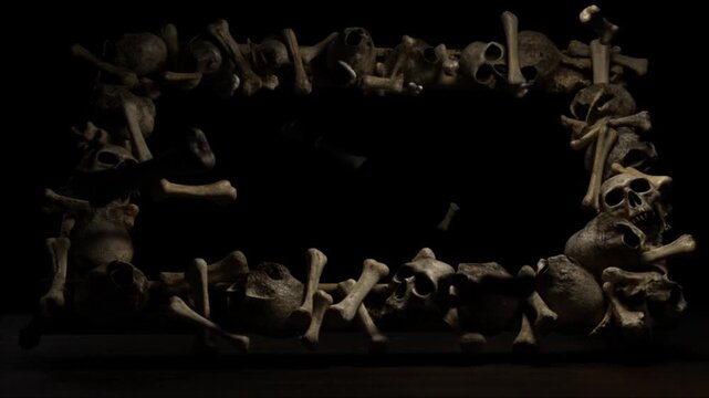 Tracking shot of skulls and scattered bones assembling into rectangular frame on dark wooden surface with drifting pieces in low key lighting