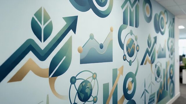 Modern wallpaper background featuring abstract financial motifs inspired by positive impact funds emphasizing investment in socially responsible projects sustainable innovation ESG performance and imp