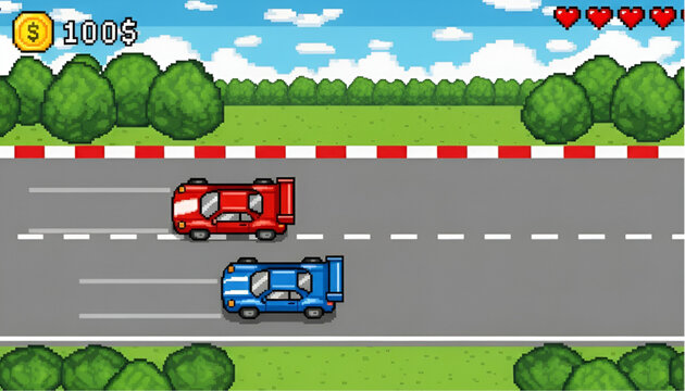 Pixel Art Racing Game Top View with Red and Blue Sports Cars