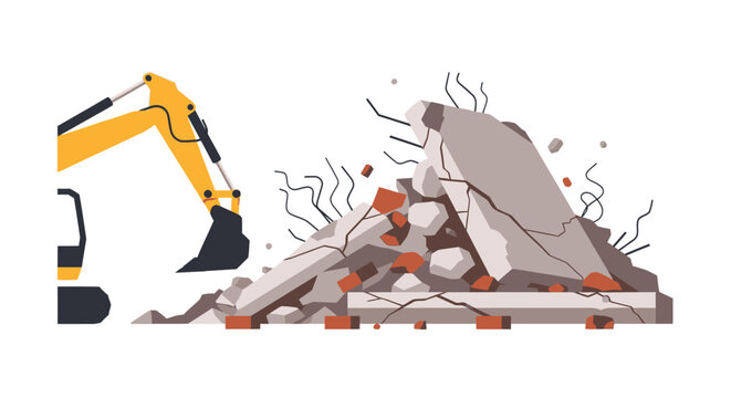 Flat Vector Illustration of an Excavator Digger Clearing a Pile of Construction Rubble and Demolition Debris Isolated on White Background