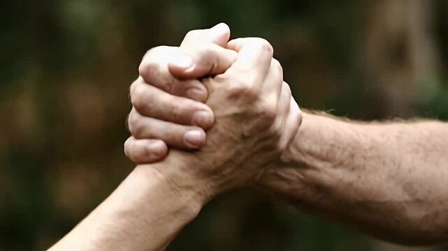 An intimate close-up of two hands gripping each other signifies teamwork and trust, framed with ample negative space to highlight the emotional connection between the individuals.