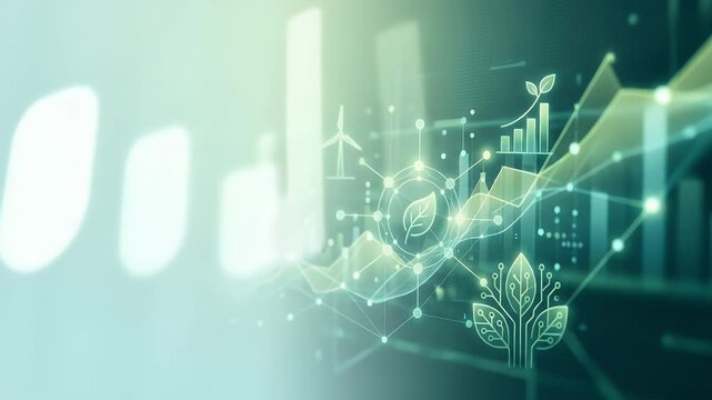 Modern wallpaper background featuring abstract digital motifs inspired by green finance with ample empty space for academic overlays supporting analysis of sustainable economic models and ecofriendly 