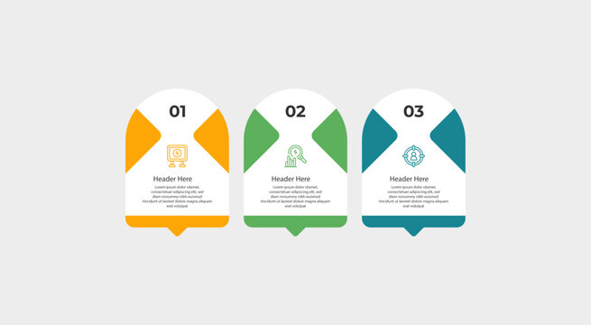 Three option boxes contain icons and header text over lorem ipsum.