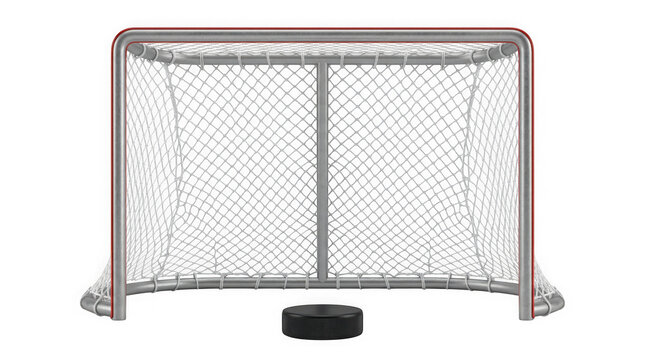 Transparent png of a hockey goal net with puck on black background