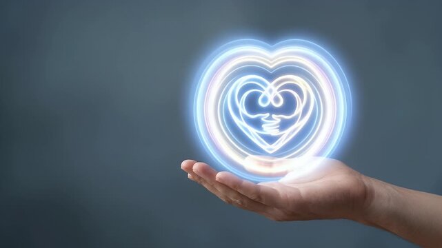 Hand presenting holographic emotions symbol representing empathy compassion emotions in empty space background concept as A hand showcases holographic emotions symbol illustrating empathy compassion e