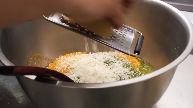Close-up shot of a chef's hands using a grater to add fresh, grated Parmesan cheese to a stainless steel bowl containing a vibrant green pesto mixture.