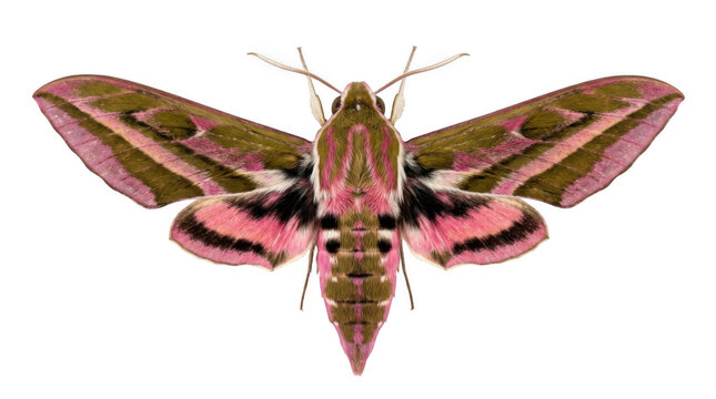 Macro Shot of a Pink and Green Elephant Hawk Moth Isolated on White Background