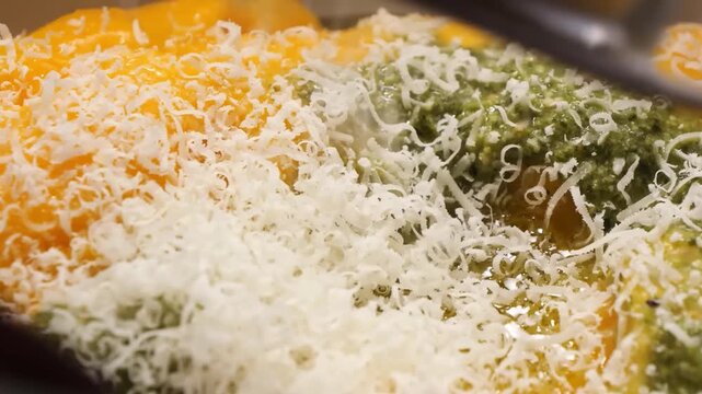 A close-up shot of white, shredded cheese being freshly grated over a vibrant dish containing yellow and green ingredients. The focus is on the action of grating and the texture of the cheese as it fa
