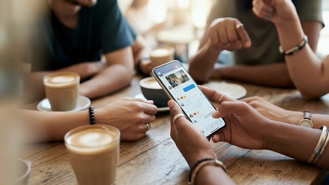 Friends hands interacting with smartphone in close up demonstrating social connectivity technology use. concept as Friends interact with smartphone in close up illustrating social connectivity and tec