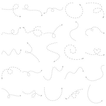Set of Hand Drawn Dashed Line Arrow and Flight Path Vector Elements for Map Route Tracking