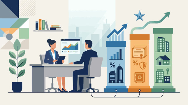 Financial Advisor Consulting Client on Diverse Investment Portfolio including Real Estate, Stocks, and Insurance Assets for Wealth Growth Concept Illustration