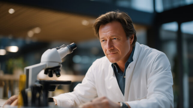 Pharmacologist examines cellular senescence samples through microscope in anti-aging research institute, senolytics development targeting zombie cells to extend healthy human lifespan and vitality, 