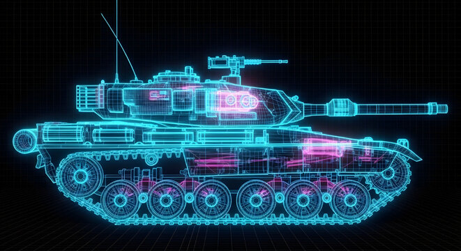 Futuristic Armored Vehicle CAD Blueprint &ndash; Neon Wireframe 3D Technical Design Side Profile