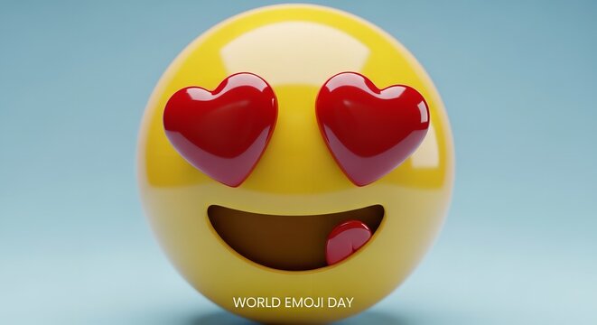 A cheerful emoji with heart eyes celebrating World Emoji Day on a blue background