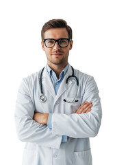 Fototapeta premium Young caucasian physician in a crisp white lab coat and black glasses, arms crossed, smiling confidently in a bright high-key studio setting, trustworthy medical professionalism concept