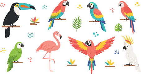 Obraz premium Tropical Bird Collection in Flat Style Featuring Toucan Parrot Flamingo and Cockatoo with Colorful Feathers for Exotic Wildlife and Nature Design Projects.