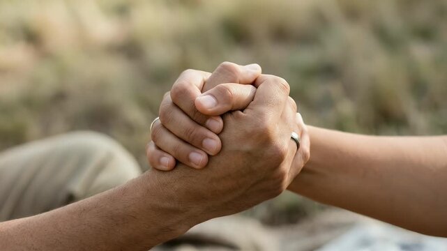 An intimate close-up of two hands gripping each other signifies teamwork and trust, framed with ample negative space to highlight the emotional connection between the individuals.