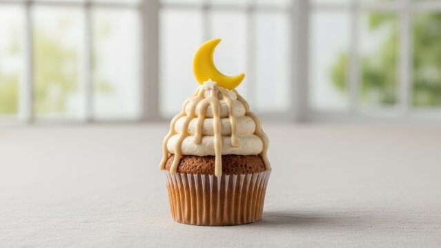 A vanilla cupcake with cream frosting topped with a crescent moon shape decoration on a light gray surface with blurred window background
