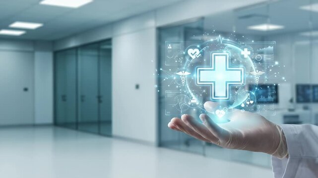 Holographic cross and health symbol floating in a hand to represent digital healthcare solutions in integrated healthcare systems concept as Holographic cross and health symbol floating in a hand to r