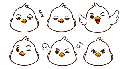A set of six white cartoon birds with different happy and angry facial expressions