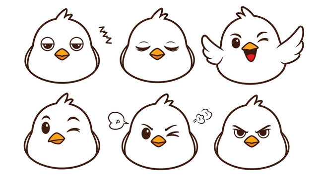 A set of six white cartoon birds with different happy and angry facial expressions