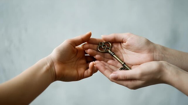Delicate hands holding a key, symbolizing new beginnings and opportunities. Composition designed with negative space to evoke emotion and contemplation.