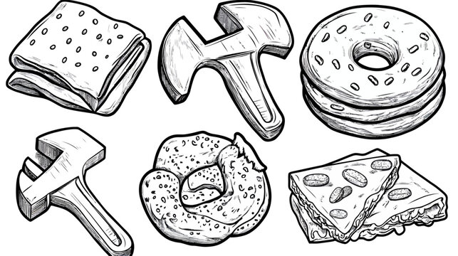 A hand-drawn collection of black and white illustrations featuring various food items and tools