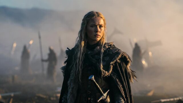 A warrior woman in detailed armor shown in cinematic style on a misty battlefield background, concept of strength