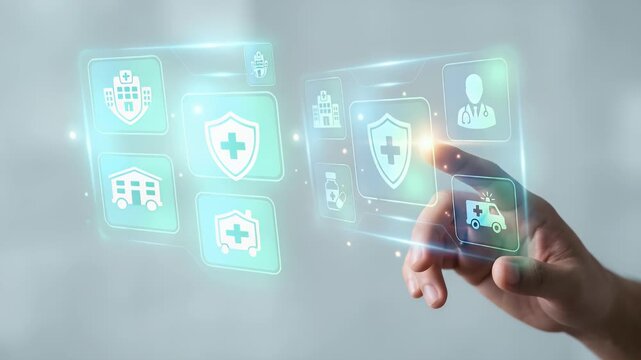 Hand interacting with holographic Health Insurance interface displaying medical shield hospital doctor medicine emergency care icons representing quality medical services in empty space concept as Han