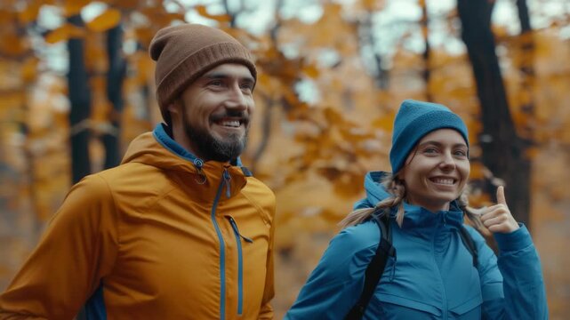 Friendly couple jogging in autumnal woods, smiling and enjoying nature.