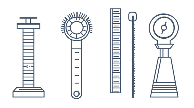 Vector illustration of various bar tools including jigger, muddler, measuring stick and scale