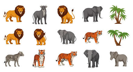Obraz premium Set of Cartoon Wild Animals and Tropical Trees Collection