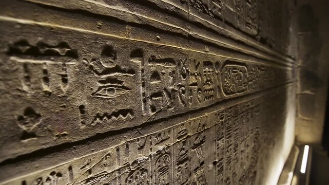 Hieroglyphs and images of Egyptian gods at the Ancient Egyptian Temple of Edfu. Edfu is the site of a Ptolemaic-era Temple of Horus and an ancient settlement in Egypt.