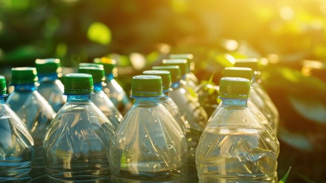 Close up view of many empty water bottles in the sunlight, possibly for environmental awareness.