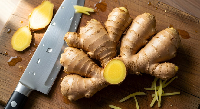 A whole fresh ginger root on a wooden cutting board next to a sharp steel knife and ginger slices